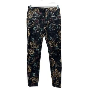 Free People Black‎ Floral Velvet Skinny Pants Moto Zippers Size 4